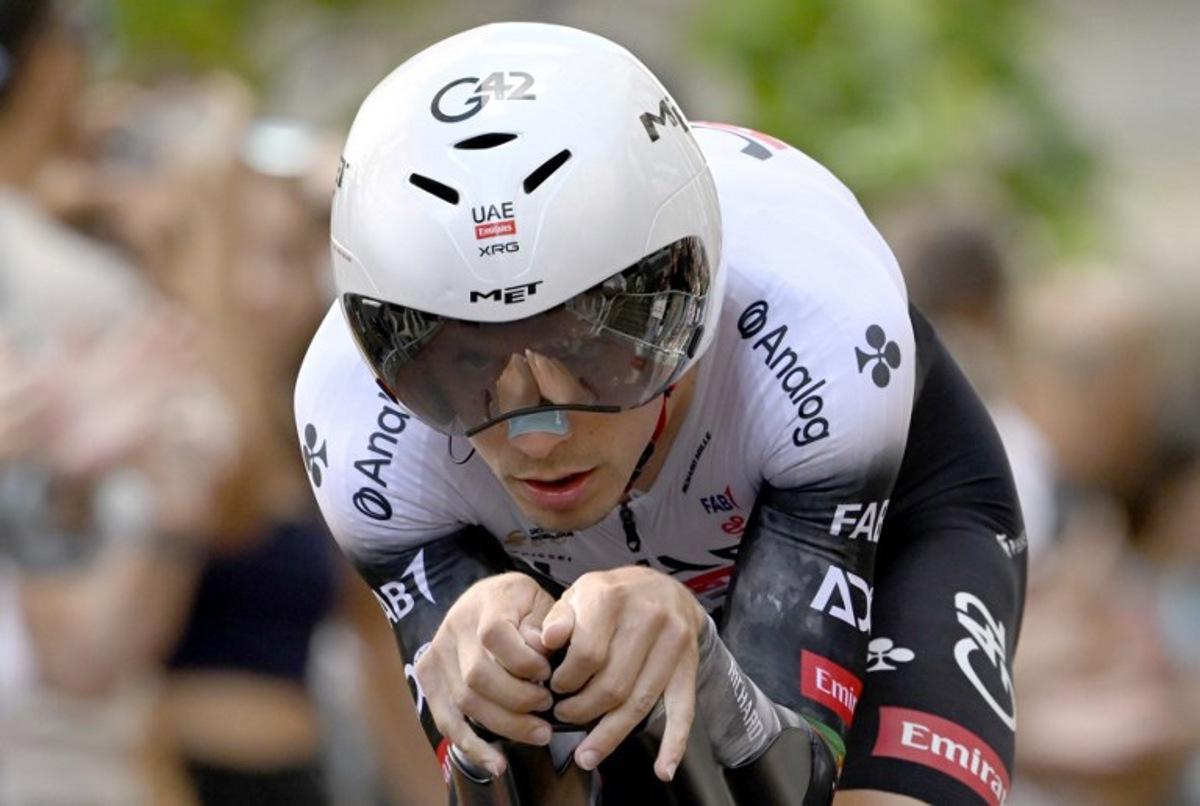 Team UAE's Portuguese rider Joao Almeida competes during the 18th stage of the Vuelta a Espana, a 26 km race against the clock between Valladolid and Valladolid, on September 11, 2025. Miguel RIOPA / AFP