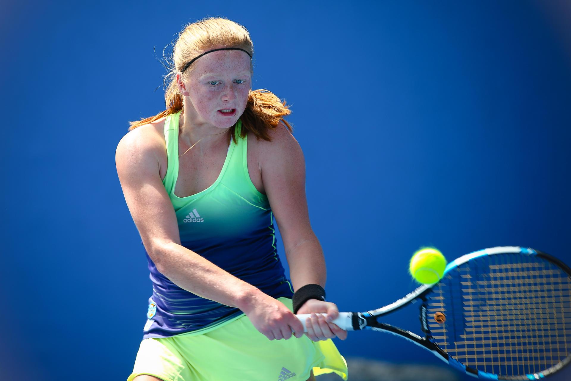20160123 - MELBOURNE, AUSTRALIA: Belgian Lara Salden plays her first round game of Junior Girls Singles against Japanse Mai Hontama at the 'Australian Open' tennis Grand Slam, Saturday 23 January 2016 in Melbourne Park, Melbourne, Australia. The first grand slam of the season takes place from 18 to 31 January. BELGA PHOTO PATRICK HAMILTON