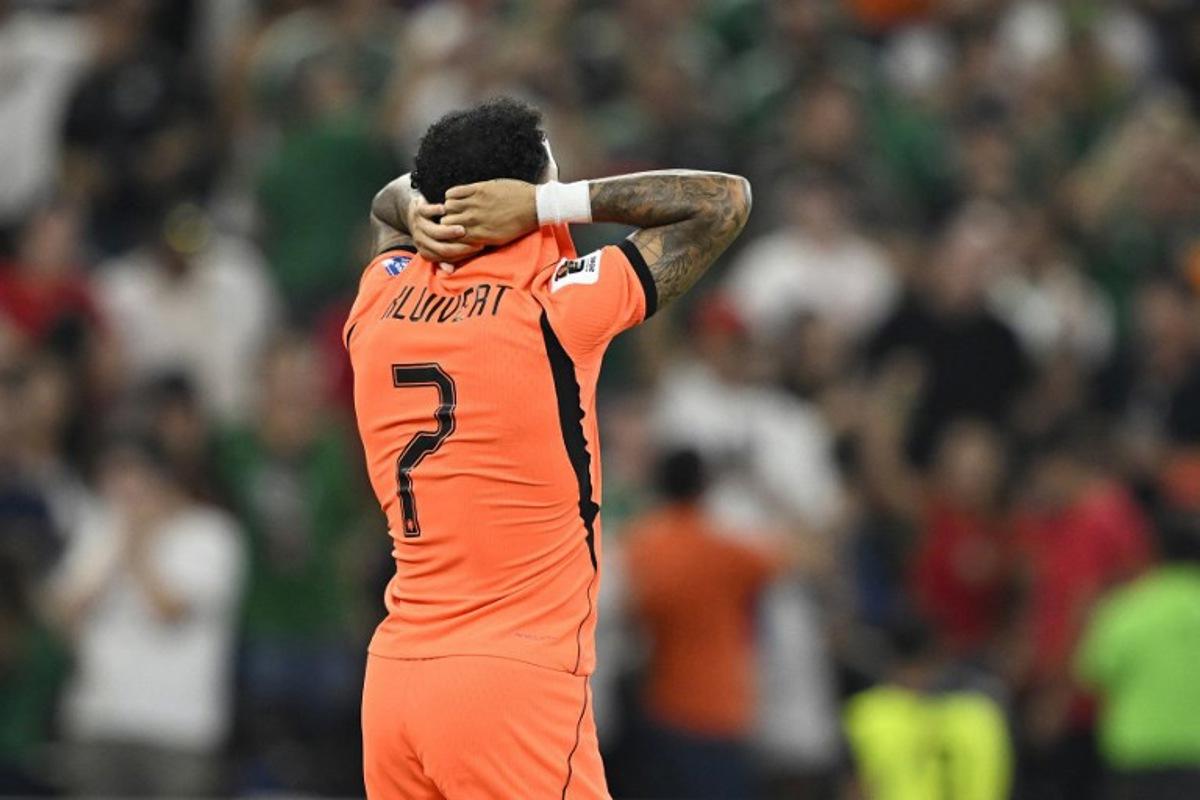 Netherlands' forward #07 Justin Kluivert reacts after missing his penalty in the shootout during the 2026 World Cup round of 32 football match between the Netherlands and Morocco at the Monterrey Stadium in Guadalupe on June 29, 2026. Alfredo ESTRELLA / AFP