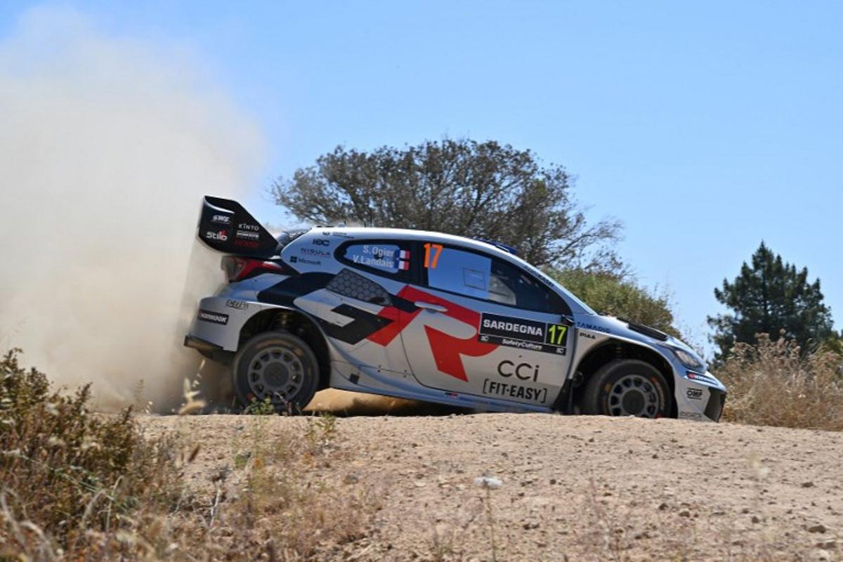 France's Sebastien Ogier and co-driver France's Vincent Landais steer their Toyota GR Yaris Rally1 as they compete in the SS15 special between San Giacomo and Plebi during the 22nd edition of the Rally Italia Sardegna, 6th round of the FIA World Rally Championship (WRC), near Olbia, Sardinia, on June 8, 2025. Andreas SOLARO / AFP