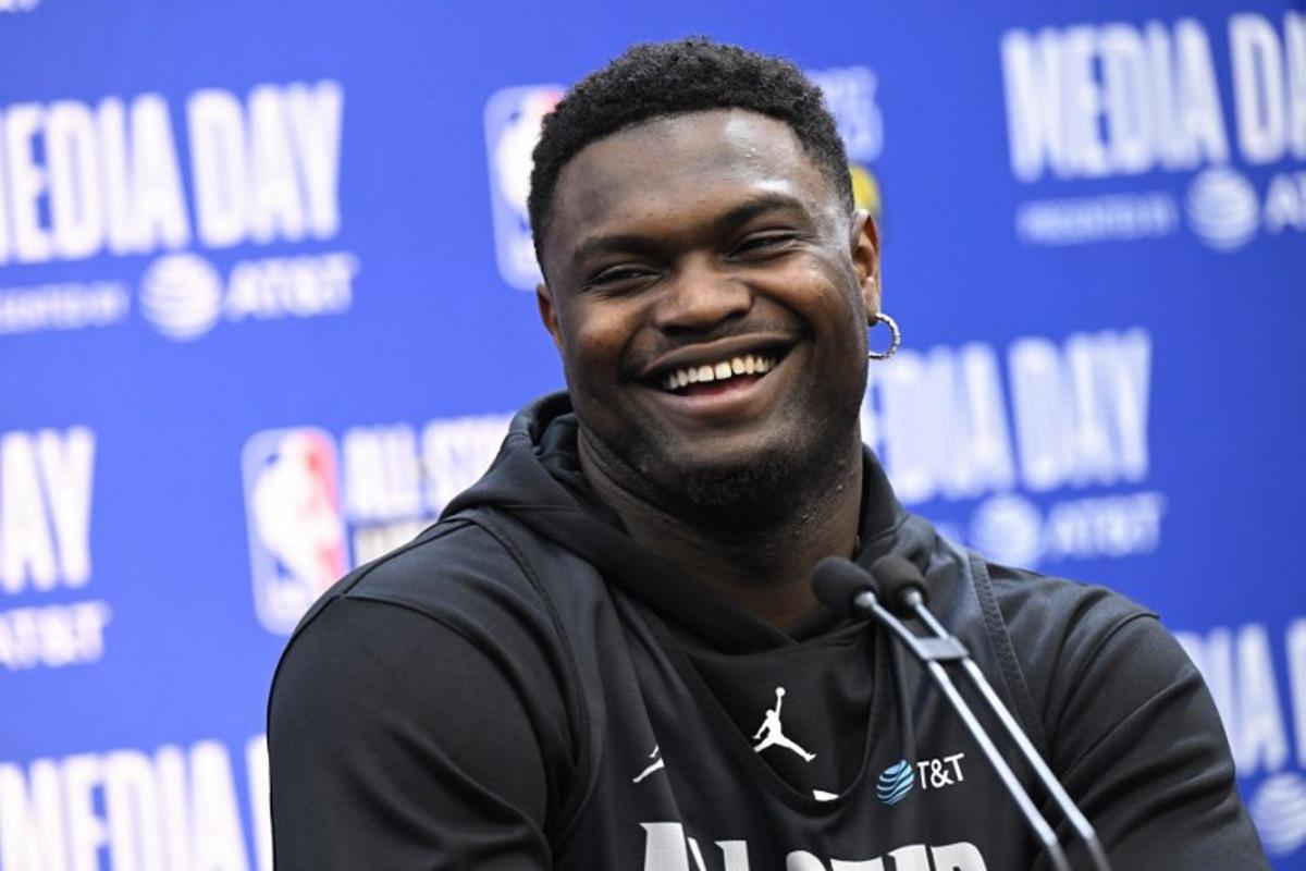 Zion Williamson, of the New Orleans Pelicans, speaks during a media availability as part of the 2023 NBA All-Star Weekend in Salt Lake City, Utah, on February 18, 2023. Patrick T. Fallon / AFP