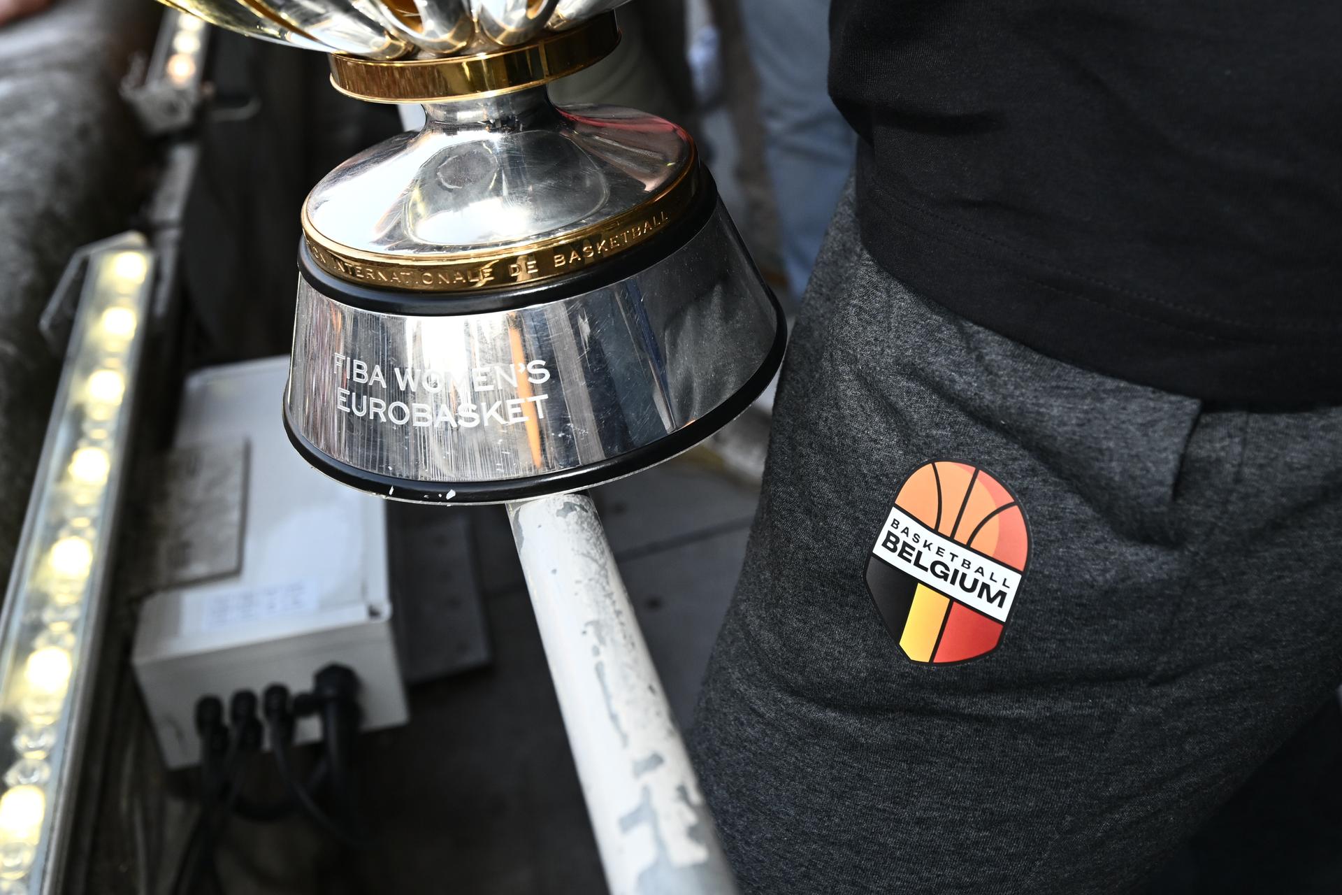 A close up on the trophy at the celebrations at the Brussels city hall and Grand Place/ Grote Markt for Belgian national women basket team 'the Belgian Cats', after winning yesterday's European Championship final, Monday 30 June 2025. Yesterday the Cats successfully defended their European title, beating Spain in the final of the FIBA Women's EuroBasket 2025. BELGA PHOTO ERIC LALMAND