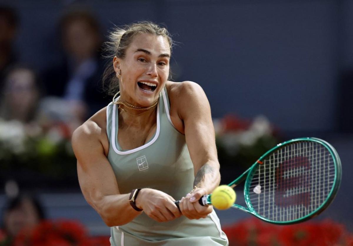 Belarus' Aryna Sabalenka returns the ball to US' Hailey Baptiste during their 2026 WTA Tour Madrid Open tennis tournament singles match at the Caja Magica in Madrid, on April 28, 2026. OSCAR DEL POZO / AFP