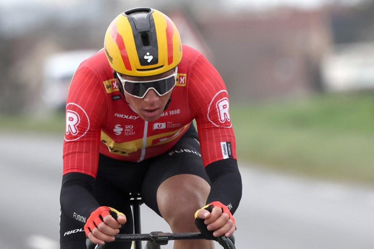 Uno-X Mobility's Norwegian rider Jonas Abrahamsen cycles in a breakaway during the 2nd stage of the Paris-Nice cycling race, 183,9 km between Montesson and Bellegarde, on March 10, 2025. Anne-Christine POUJOULAT / AFP