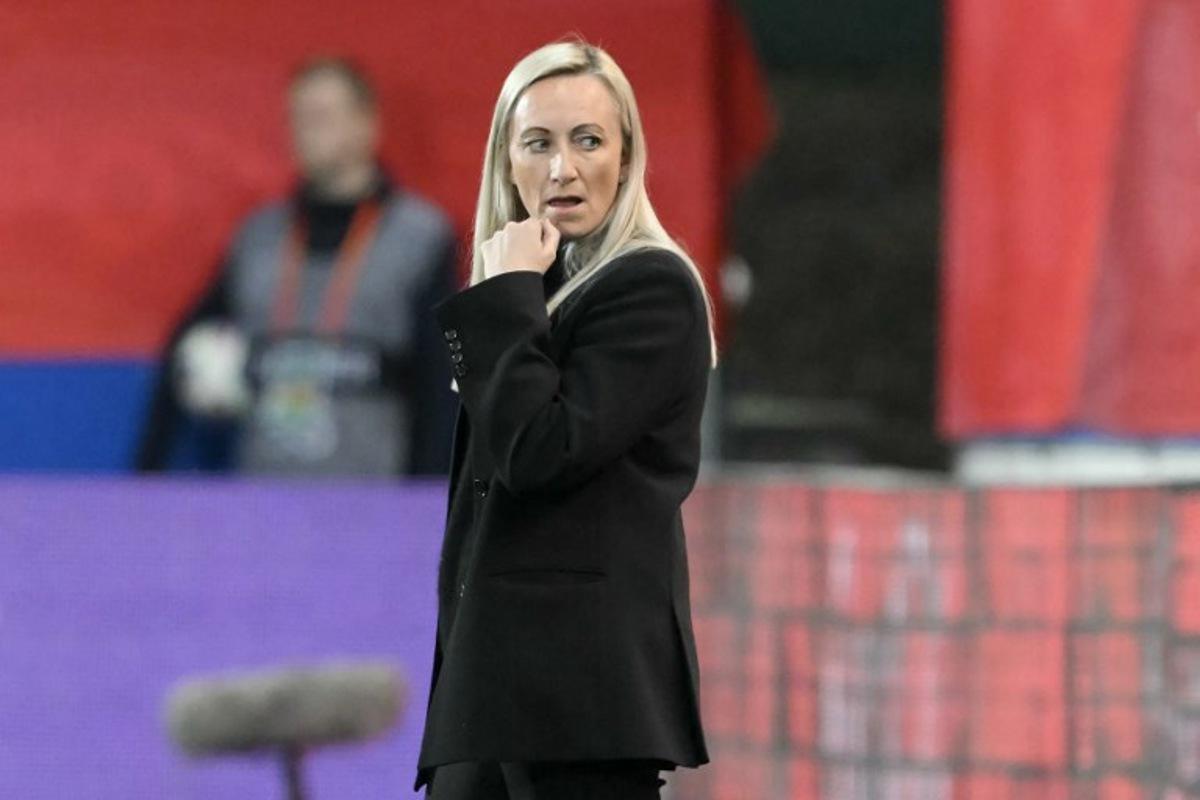 Belgium's head coach Elisabet Gunnarsdottir looks on from the sidelines during the UEFA Women's Nations League Group A3 football match between Belgium and England at the Den Dreef stadium in Heverlee, outside Leuven, on April 8, 2025. NICOLAS TUCAT / AFP