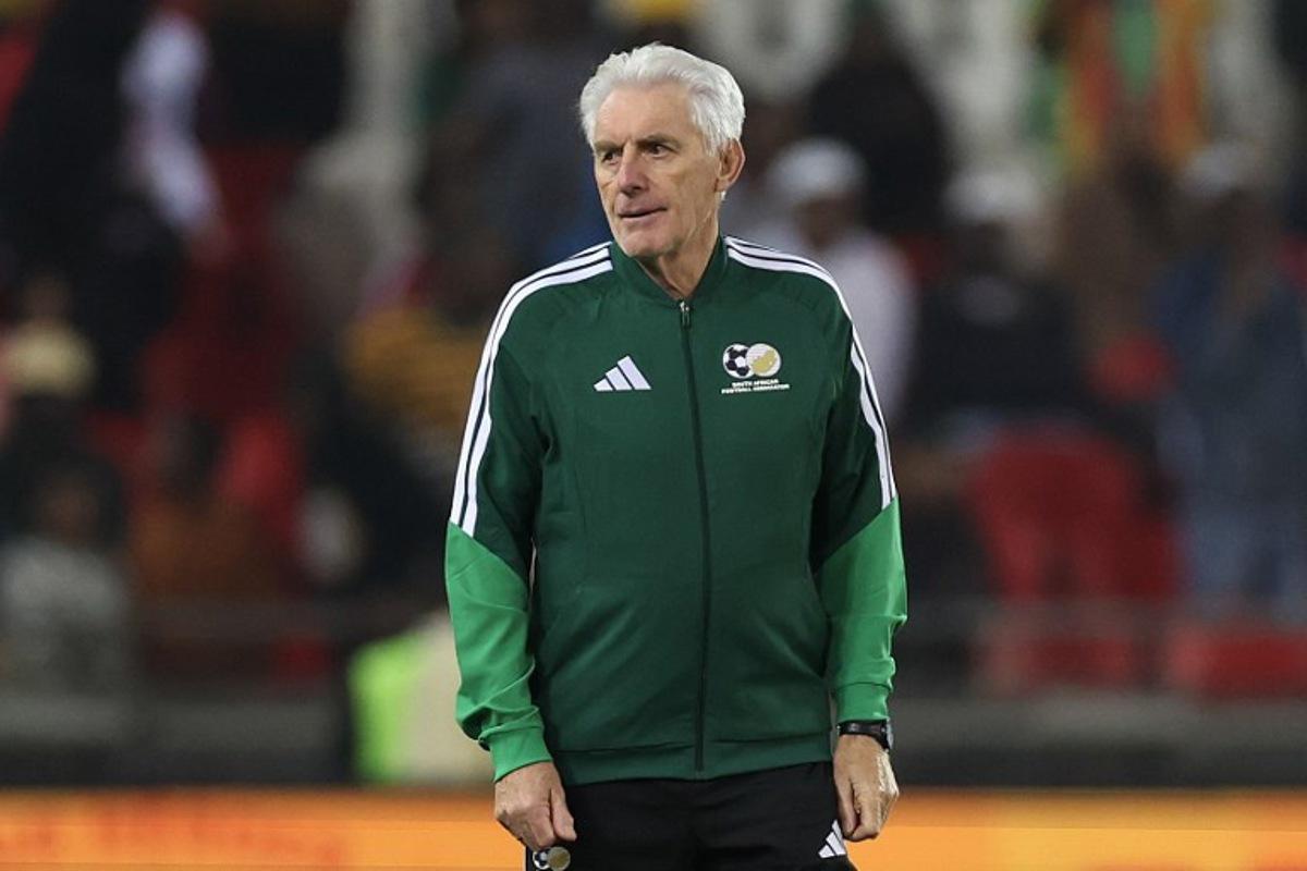South Africa's Belgian coach Hugo Broos reacts after the international friendly football match between South Africa and Nicaragua at Orlando Stadium in Soweto on May 29, 2026. Phill Magakoe / AFP