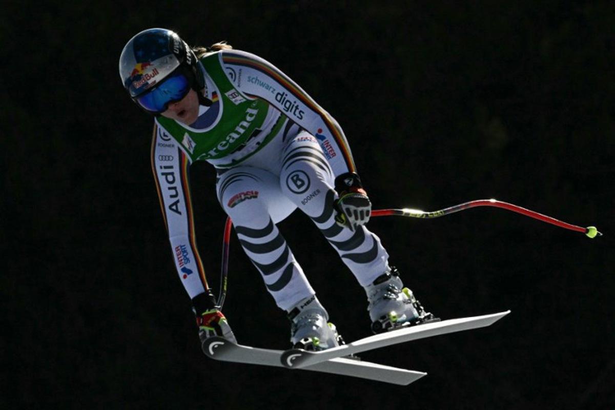 Germany's Emma Aicher competes in the women's downhill race, part of the FIS Alpine Ski World Cup 2025-2026 in Soldeu, Andorra on February 26, 2026. Lionel BONAVENTURE / AFP