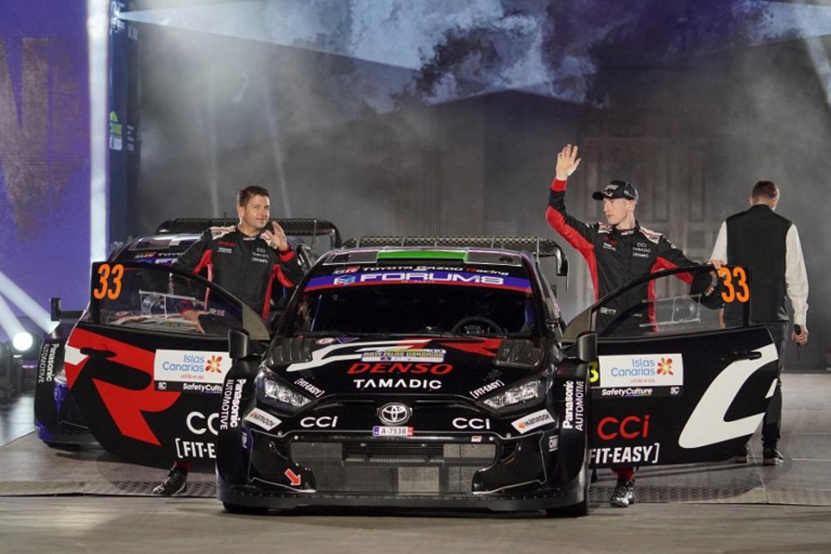 Elfyn Evans of Great Britain and his co-driver Scott Martin of Great Britain of team Toyota Gazoo Racing WRT attend the opening ceremony of the World Rally Championship (WRC) Rally Islas Canarias in Las Palmas in Spain's Canary Islands, on April 24, 2025. Manaure QUINTERO / AFP