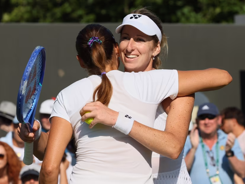 Alexandra Panova and Belgian Magali Kempen celebrate after winning a tennis match against US-Polish pair Jovic-Linette in the first round of the Women's doubles at the Wimbledon grand slam tennis tournament in London, Britain, Thursday 02 July 2026. BELGA PHOTO BENOIT DOPPAGNE