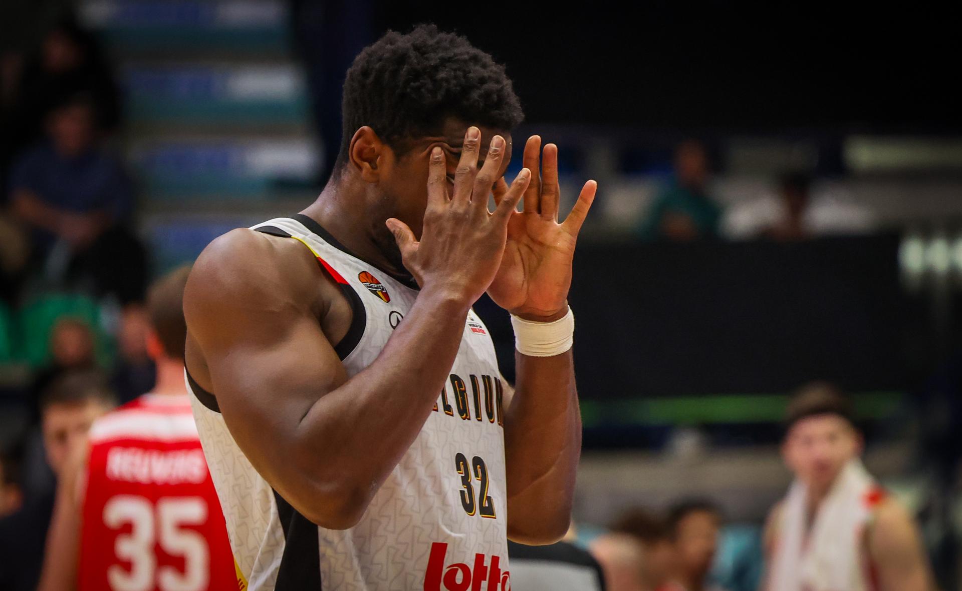 Belgium's Retin Obasohan looks dejected during a basketball match between Belgian national team Belgian Lions and Hungary, Monday 01 December 2025 in Mons, qualifier 2/6 for the men's 2027 FIBA World Championships. BELGA PHOTO VIRGINIE LEFOUR