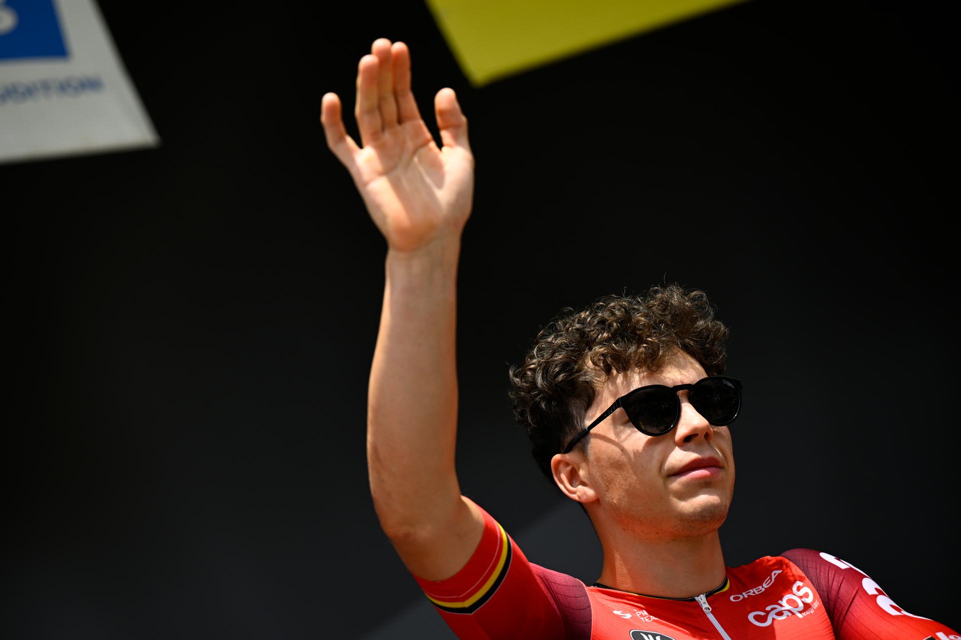 Belgian Arnaud De Lie of Lotto Cycling Team pictured at the start of stage 15 of the 2025 Tour de France cycling race, from Muret to Carcasonne (169 km), on Sunday 20 July 2025 in France. The 112th edition of the Tour de France starts on Saturday 5 July in Lille, France, and will finish in Paris, France on the 27th of July. BELGA PHOTO JASPER JACOBS