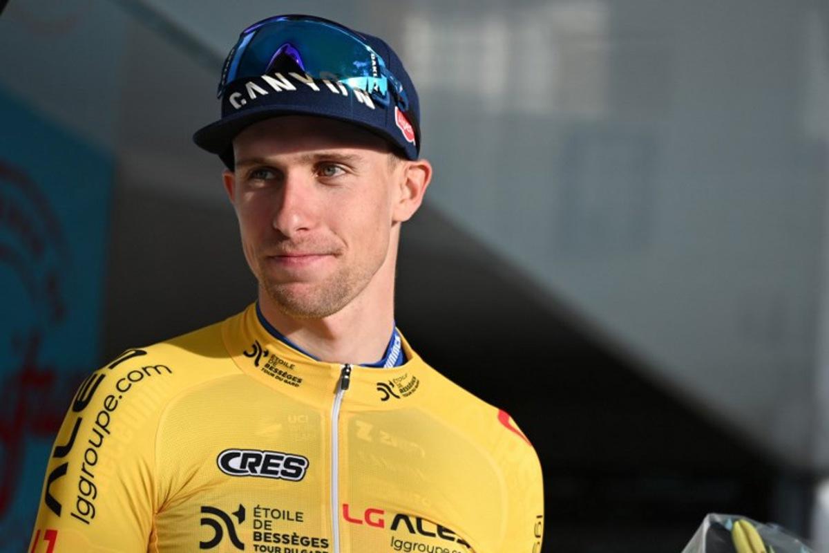 Team Alpecin-Deceuninck French cyclist Axel Laurance reacts on the podium after winning the second stage of the 54th edition of the Etoile de Besseges - Tour du Gard cycling race in Rousson, southern France, on February 1, 2024. Sylvain THOMAS / AFP