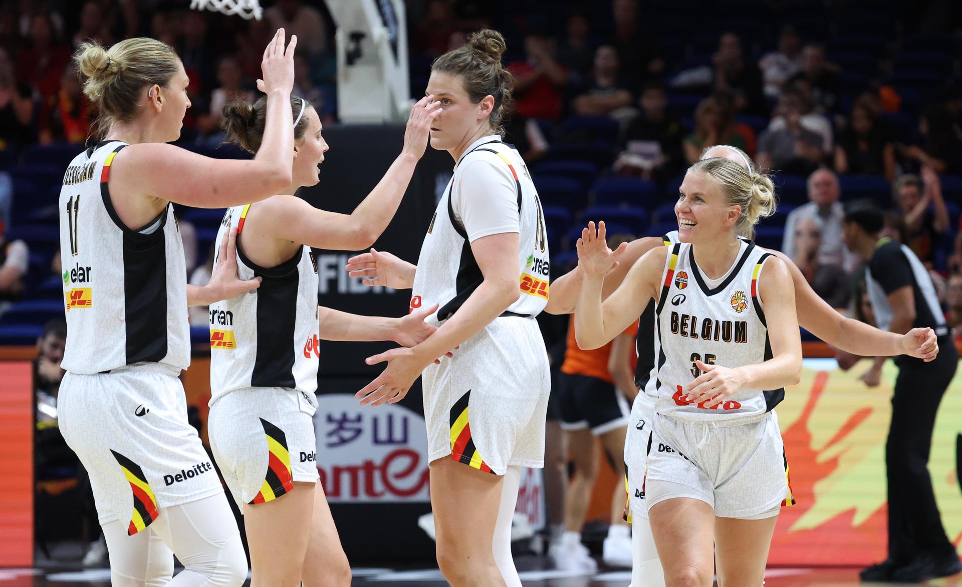 Belgian Cats' players celebrate after scoring during a basketball game between Belgian national team Belgian Cats and Australia, game 3 of the group phase at the FIBA Women's Basketball World Cup, on Monday 7 September 2026, in Berlin, Germany. The FIBA Women's Basketball World Cup takes place in Berlin from 4 to 23 September 2026. BELGA PHOTO VIRGINIE LEFOUR