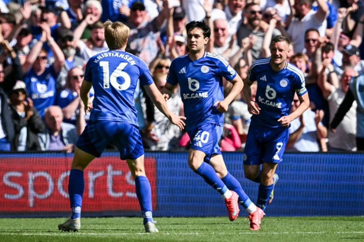 Leicester City's Argentinian midfielder #40 Facundo Buonanotte celebrates after scoring his team second goal during the English Premier League football match between Nottingham Forest and Leicester City at The City Ground in Nottingham, central England, on May 11, 2025. JUSTIN TALLIS / AFP