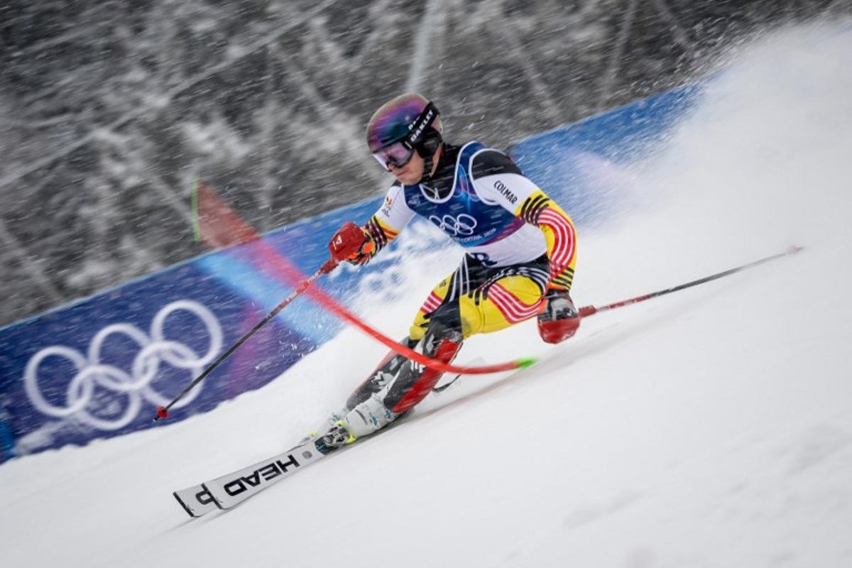 Belgium's Armand Marchant competes in the first run of the men's slalom alpine skiing event during the Milano Cortina 2026 Winter Olympic Games at the Stelvio Ski Centre in Bormio (Valtellina) on February 16, 2026. Fabrice COFFRINI / AFP
