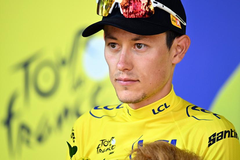 Norwegian Torstein Traeen of Uno-X Mobility celebrates on the podium in the yellow jersey of leader in the overall ranking after stage 4 of the 2026 Tour de France cycling race, a stage of 181,9km from Carcassonne to Foix, on Tuesday 07 July 2026. The 113th edition of the Tour de France starts on Saturday 4 July in Barcelona, Spain, and will finish in Paris, France on the 26th of July. BELGA PHOTO JASPER JACOBS