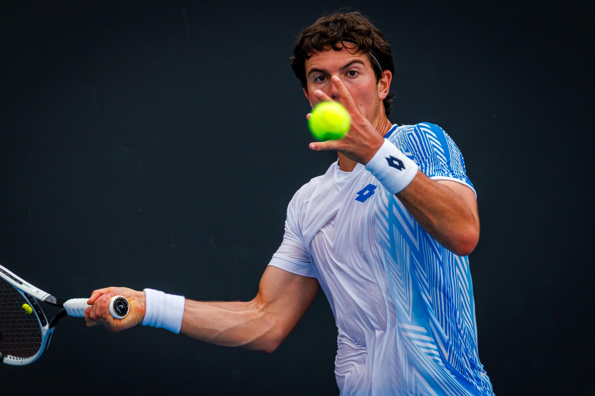 Belgium's Gilles-Arnaud Bailly pictured in action during a third round qualifying match in the men's singles against USA's Damm at the Australian Open, Melbourne Park, Melbourne on Thursday 15 January 2026. BELGA PHOTO PATRICK HAMILTON --- BENELUX ONLY ---