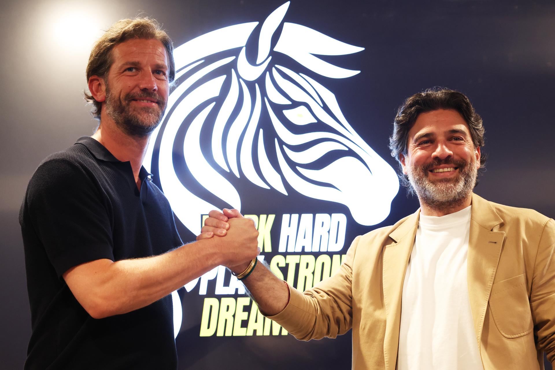 Charleroi's head coach Rik De Mil and Charleroi's manager Mehdi Bayat pictured during a press conference of Belgian soccer club Sporting Charleroi, on Friday 13 June 2025, in Charleroi. BELGA PHOTO VIRGINIE LEFOUR