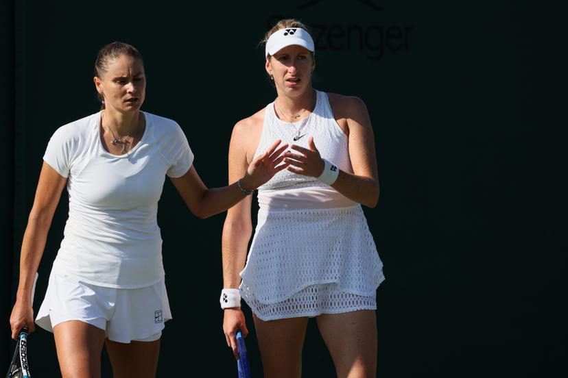 Alexandra Panova and Belgian Magali Kempen pictured at a tennis match between Belgian-/ pair Kempen-Panova and US-Polish pair Jovic-Linette in the first round of the Women's doubles at the Wimbledon grand slam tennis tournament in London, Britain, Thursday 02 July 2026. BELGA PHOTO BENOIT DOPPAGNE