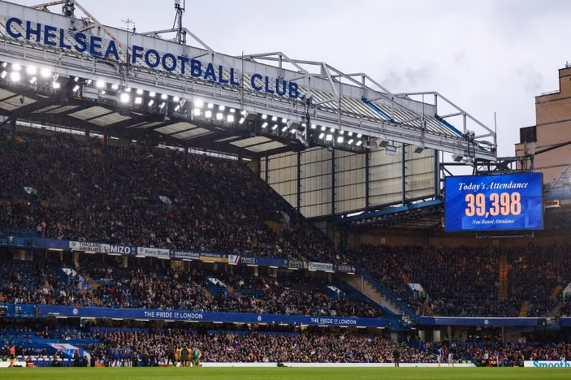 A giant screen indicates the number of people attending the UEFA Women's Champions League semi-final second leg football match between Chelsea and Barcelona at Stamford Bridge, in London, on April 27, 2024. Adrian DENNIS / AFP