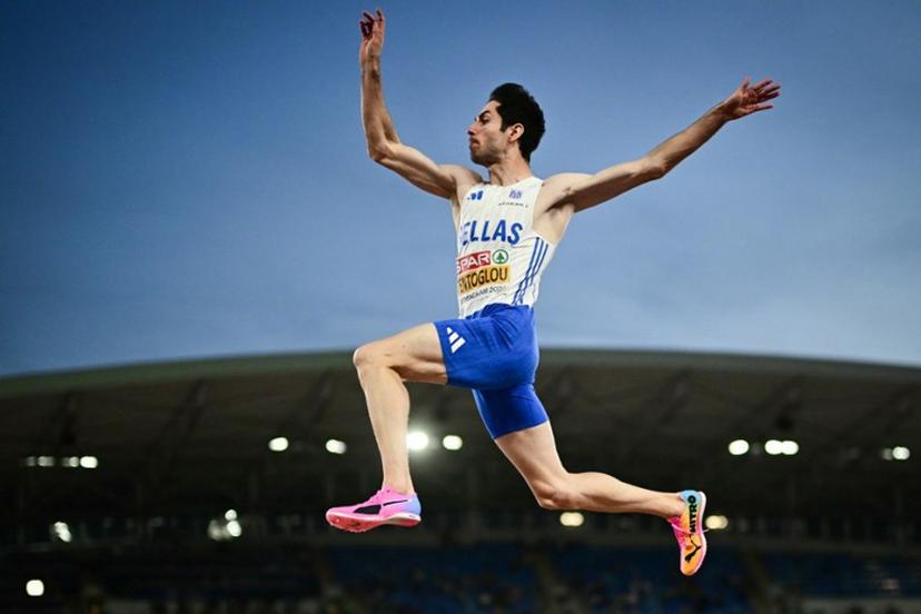 Greece's Miltiadis Tentoglou competes in the men's long jump final during the European Athletics Championships at Alexander Stadium in Birmingham on August 11, 2026. Ben STANSALL / AFP