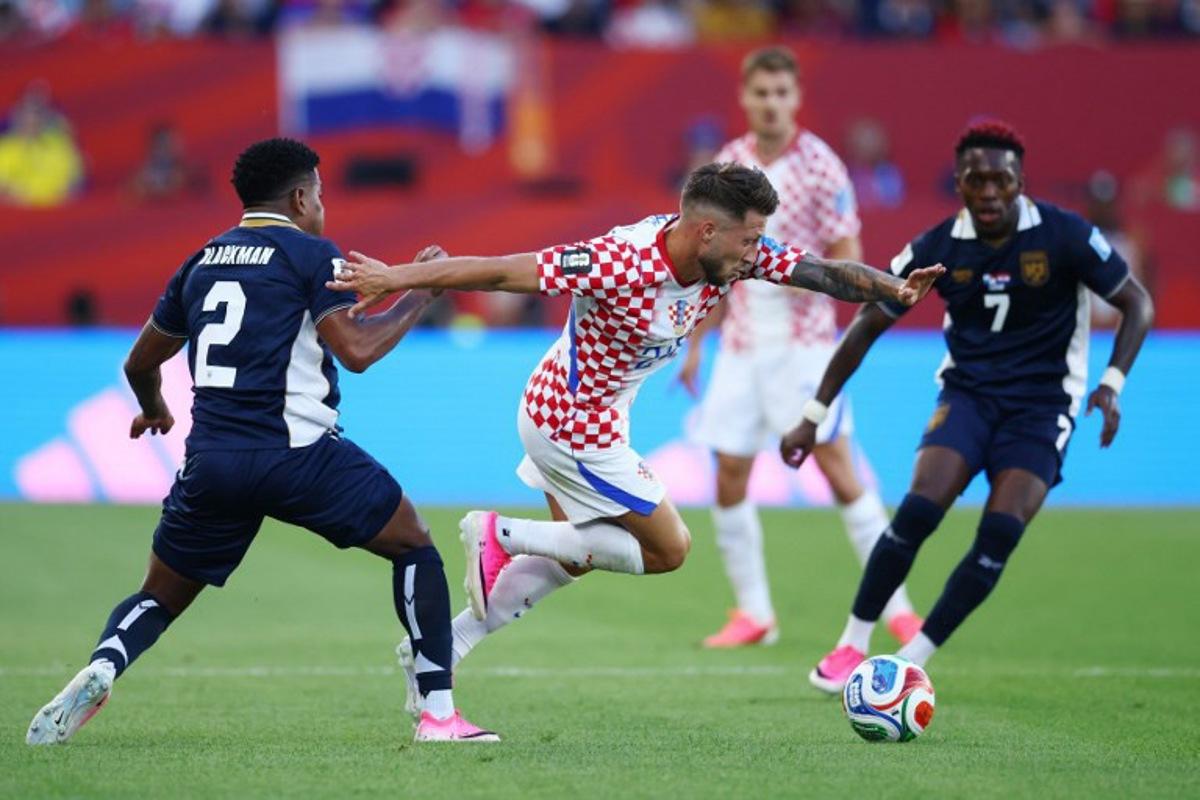Croatia's forward #24 Marco Pasalic is fouled by Panama's defender #02 Cesar Blackman during the 2026 World Cup Group L football match between Panama and Croatia at the Toronto Stadium in Toronto on June 23, 2026. Cole Burston / AFP