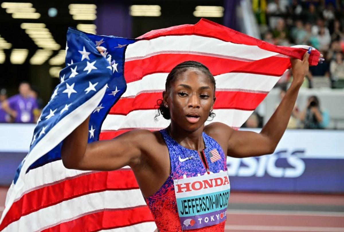 US' athlete Melissa Jefferson-Wooden celebrates winning the women's 100m final during the World Athletics Championships in Tokyo on September 14, 2025. Ben STANSALL / AFP