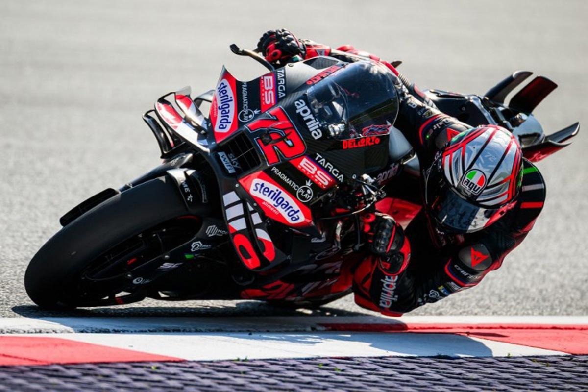 Aprilia Racing team's Italian MotoGP rider Marco Bezzecchi drives during the practice session of motorcycle Austrian Moto GP Grand Prix at the Red Bull ring circuit in Spielberg, Austria, on August 15, 2025. Jure Makovec / AFP