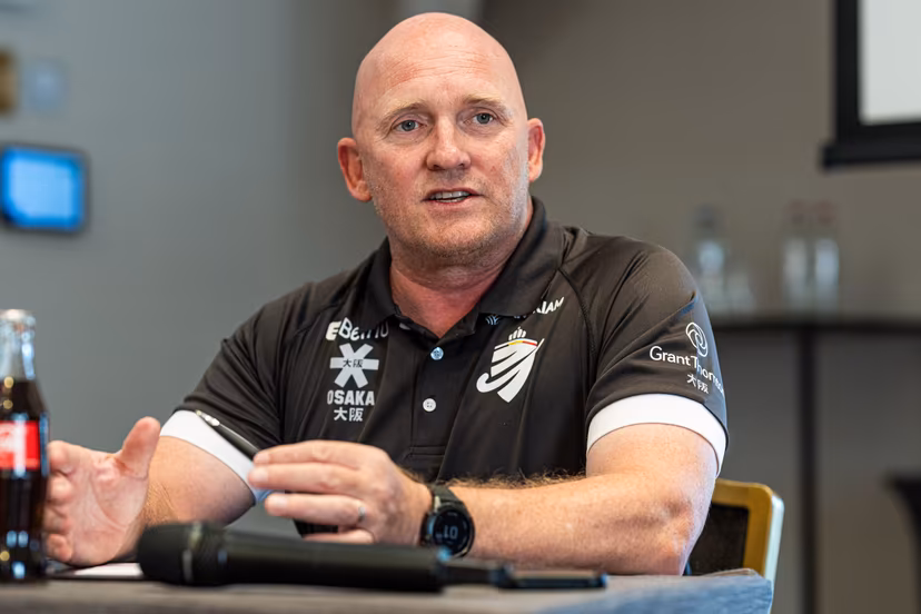 Belgium's head coach Adam Commens pictured during a press conference of the Belgian national teams Red Lions and Red Panthers for the upcoming 2026 Hockey World Cup, Wednesday 12 August 2026, in Genval. The 2026 edition of the Hockey World Cup takes place in Belgium and The Netherlands from August 15 to August 30. BELGA PHOTO EMILE WINDAL