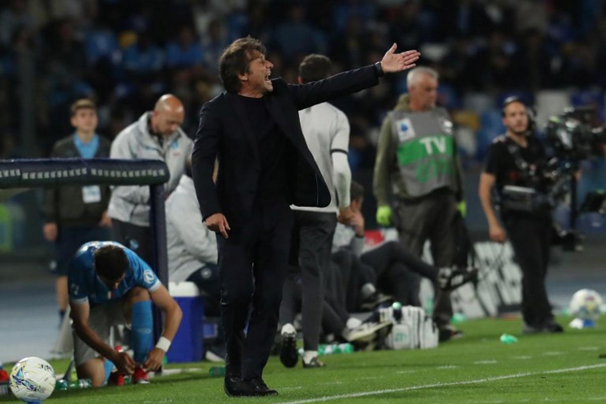 Napoli's Italian Head coach Antonio Conte gestures during the Italian Serie A football match between SSC Napoli and Bologna FC 1909 at the Diego Armando Maradona Stadium in Naples on May 11, 2026. CARLO HERMANN / AFP