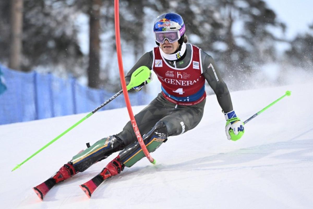 Brazil's Lucas Pinheiro Braathen competes during the first run of the FIS Ski World Cup men's slalom at the Levi Ski Centre in Kittilä, Finland on November 16, 2025. Roni Rekomaa / Lehtikuva / AFP