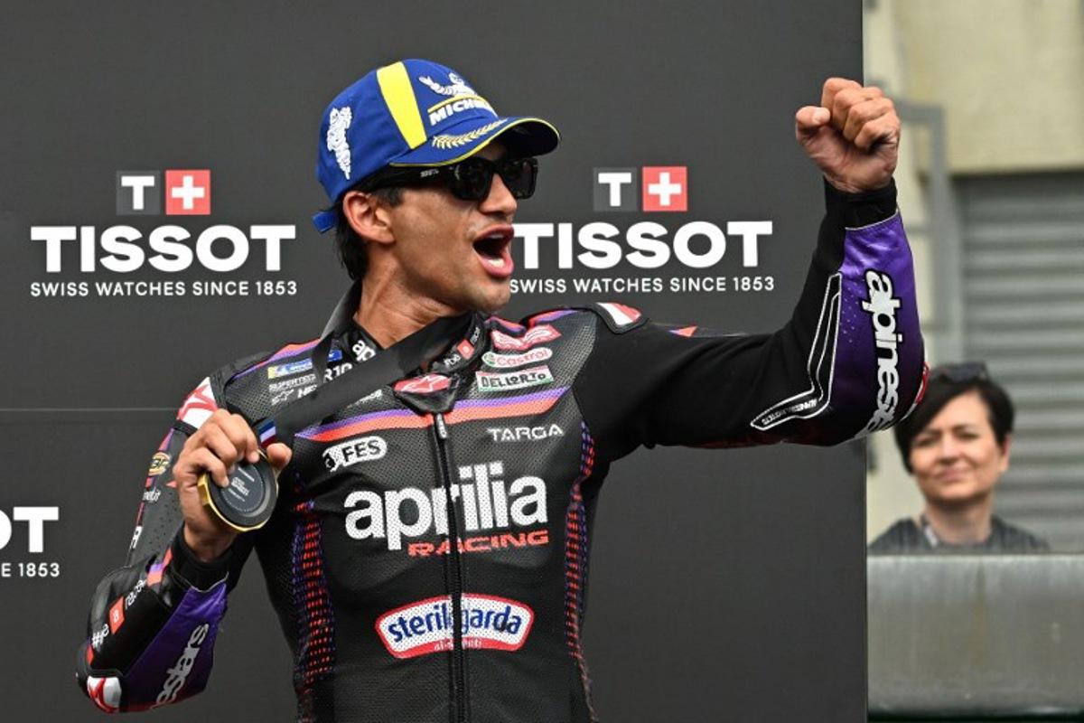 Aprilia Racing's Spanish rider Jorge Martin celebrates on the podium after winning the Moto GP Grand Prix of France Sprint race at Le Mans, northwestern France, on May 9, 2026. Loic VENANCE / AFP