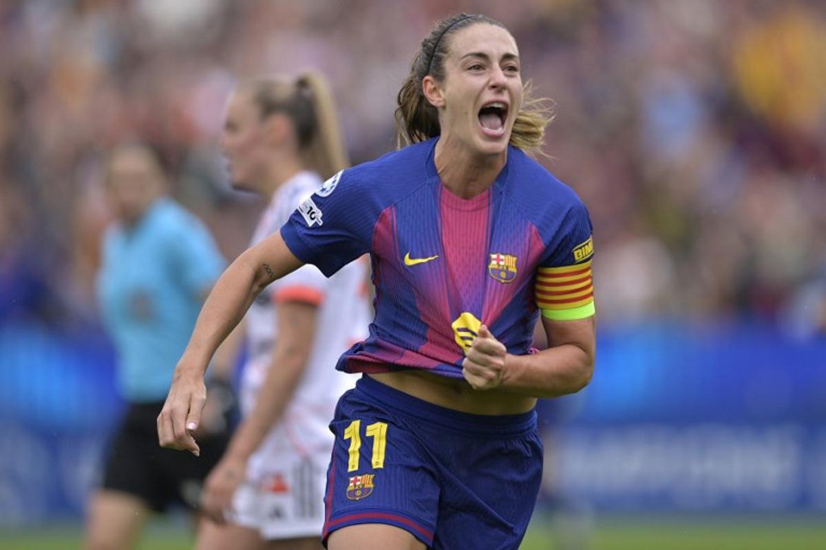 Barcelona's Spanish midfielder #11 Alexia Putellas celebrates scoring her team's second goal during the UEFA Women's Champions League semi-final second leg football match between FC Barcelona and Bayern Munich at Camp Nou Stadium in Barcelona on May 3, 2026. MANAURE QUINTERO / AFP