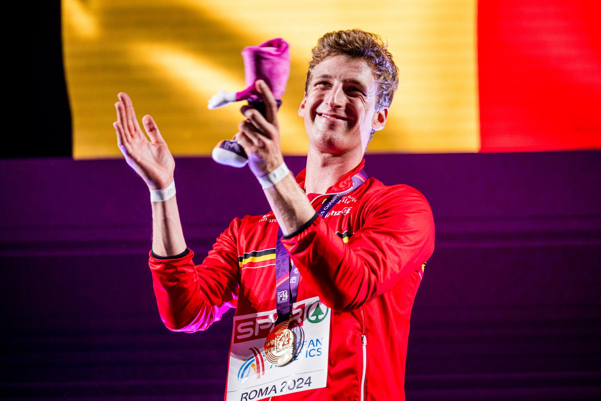 Belgian Alexander Doom celebrates on the podium after winning the European Championships Athletics in Rome, Italy, on Monday 10 June 2024. The European Athletics Championships take place from 7 to 12 June. BELGA PHOTO JASPER JACOBS
