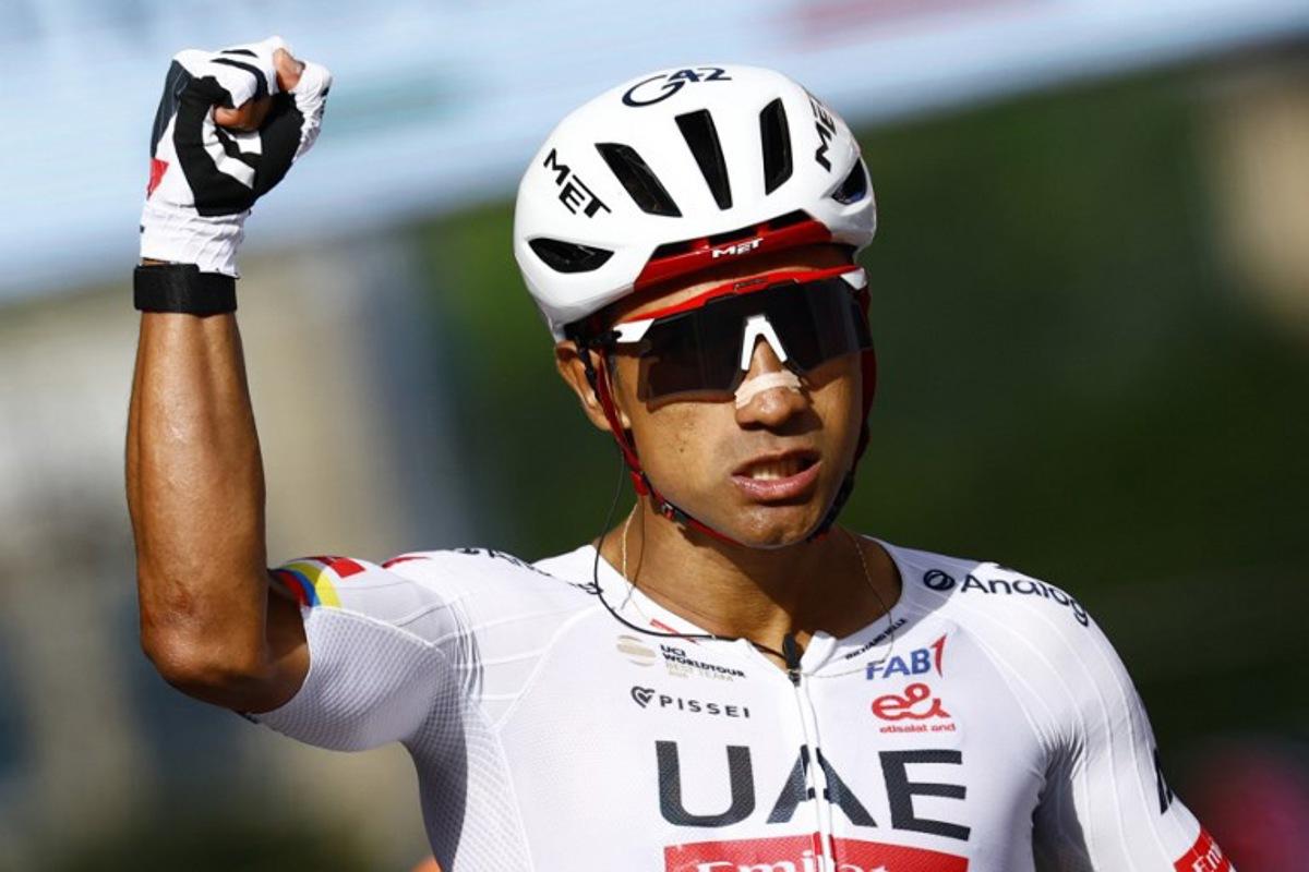 UAE Team Emirates - XRG Ecuadorian rider Jhonatan Narvaez celebrates as he crosses the finish line to win the 4th stage of the Giro d'Italia 2026 - Tour of Italy cycling race between Catanzaro and Cosenza, Italy, on May 12, 2026. Luca Bettini / AFP