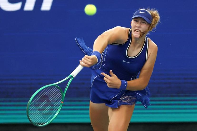 Russia's Mirra Andreeva follows through on a serve to Indonesia's Janice Tjen during their women's singles first round tennis match on day three of the US Open tennis tournament at the USTA Billie Jean King National Tennis Center in New York City on September 1, 2026. TIMOTHY A. CLARY / AFP