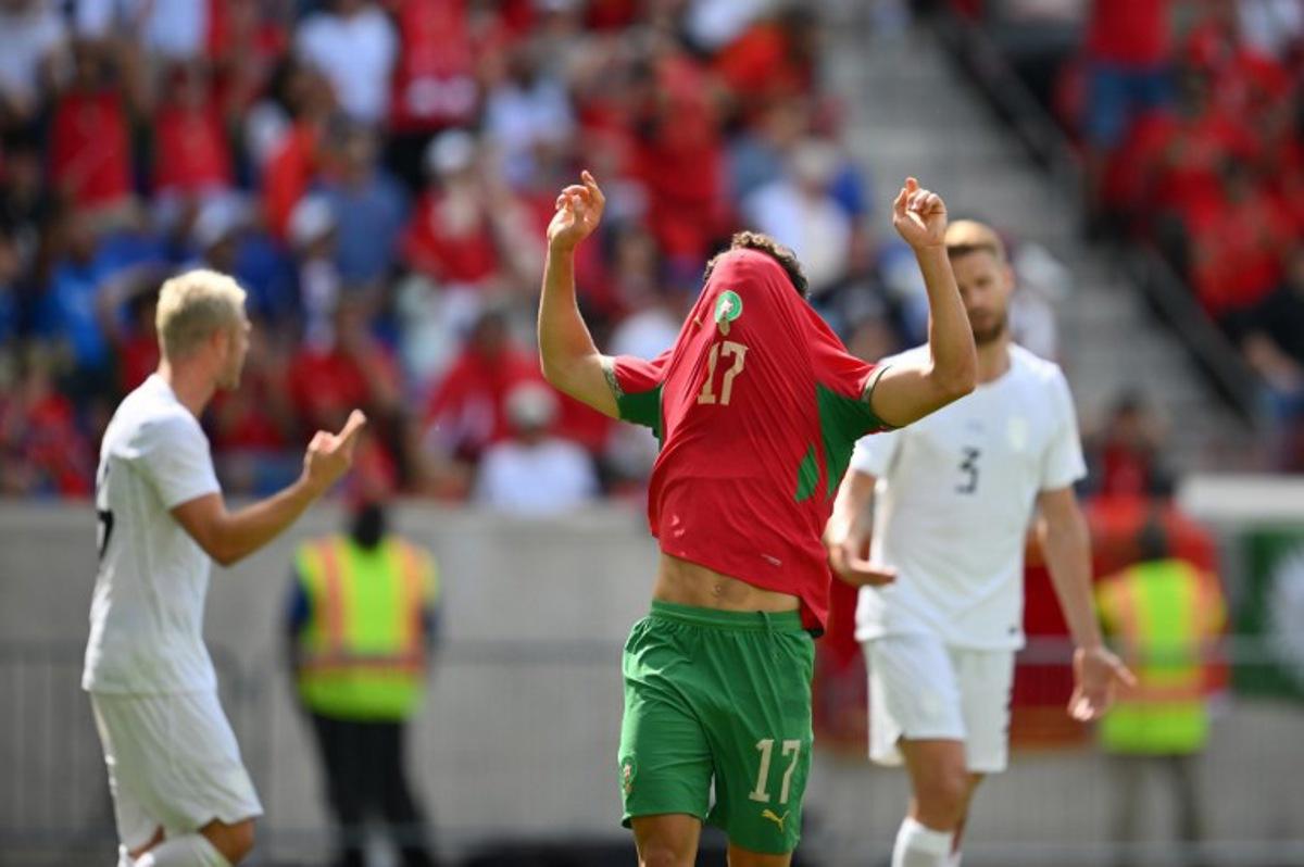 Morocco's striker #17 Abde Ezzalzouli reacts during the international friendly football match between Morocco and Norway at Sports Illustrated Stadium in Harrison, New Jersey, on June 7, 2026. ANGELA WEISS / AFP