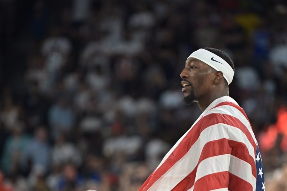 USA's #13 Bam Adebayo celebrates after the USA won the men's Gold Medal basketball match between France and USA during the Paris 2024 Olympic Games at the Bercy Arena in Paris on August 10, 2024. Damien MEYER / AFP