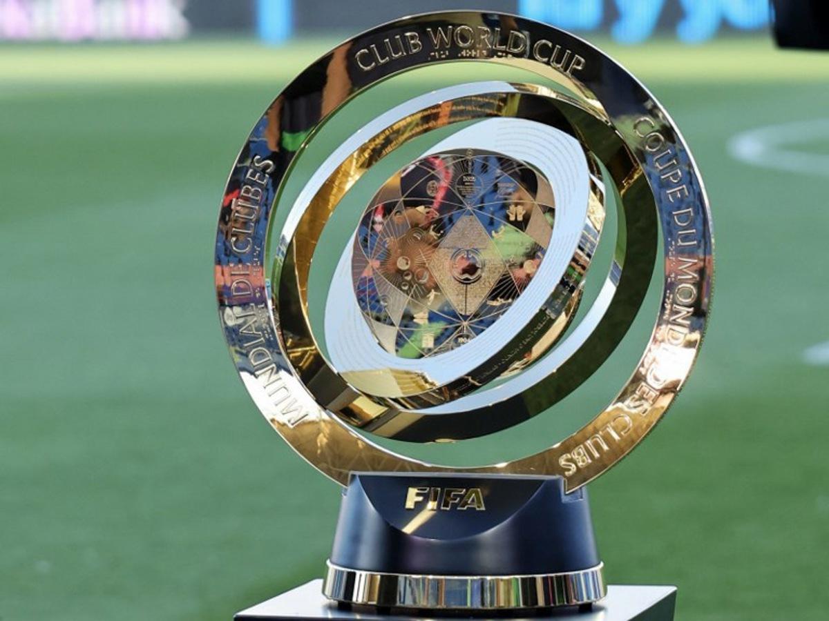 The FIFA Club World Cup trophy is displayed before the Spanish league football match between Getafe CF and Real Madrid CF at the Coliseum Alfonso Perez stadium in Getafe, on April 23, 2025. The Club World Cup trophy is touring for 147 days in 20 countries and 29 cities worlwide. Thomas COEX / AFP