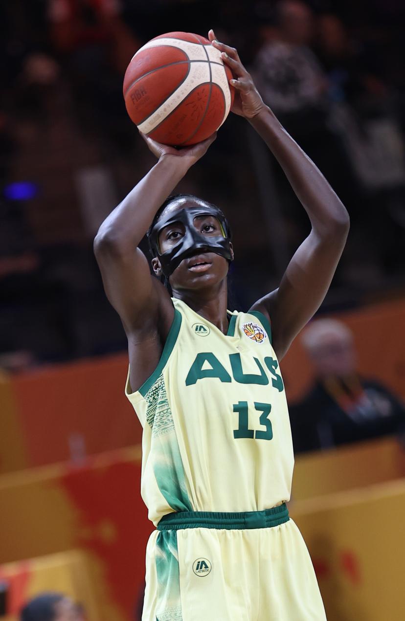 Australia' Ezi Magbegor fights for the ball during a game between the national teams of Australia and Puerto Rico, game 1 of the group phase at the FIBA Women's Basketball World Cup, on Friday 4 September 2026, in Berlin, Germany. The FIBA Women's Basketball World Cup takes place in Berlin from 4 to 23 September 2026. BELGA PHOTO VIRGINIE LEFOUR