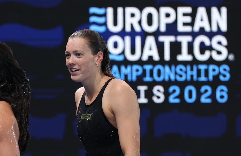 Belgian Florine Gaspard pictured after the heats of the Women's 50m Breaststroke on the sixth day of the European Aquatics Championships in Paris, France on Saturday 15 August 2026. BELGA PHOTO VIRGINIE LEFOUR