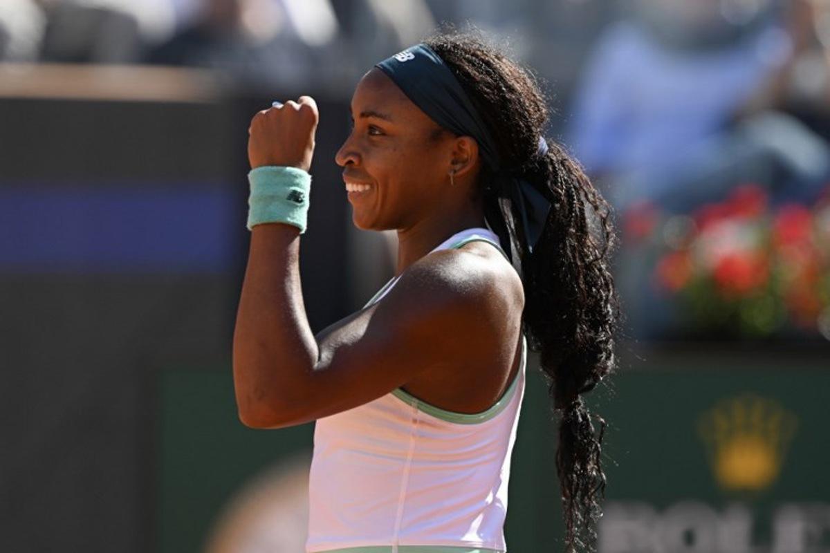 USA's Coco Gauff celebrates after winning against Romania's Sorana Cirstea during the ATP Rome Open tennis tournament at Foro Italico in Rome on May 14, 2026. Tiziana FABI / AFP