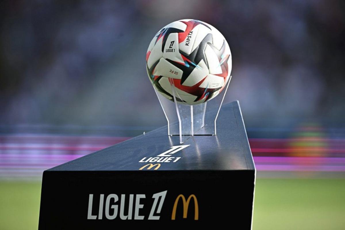 The official ball of the French Ligue 1 is seen before the French L1 football match between Toulouse FC and Stade Rennais FC at The TFC Stadium in Toulouse, southwestern France, on May 3, 2025. Lionel BONAVENTURE / AFP