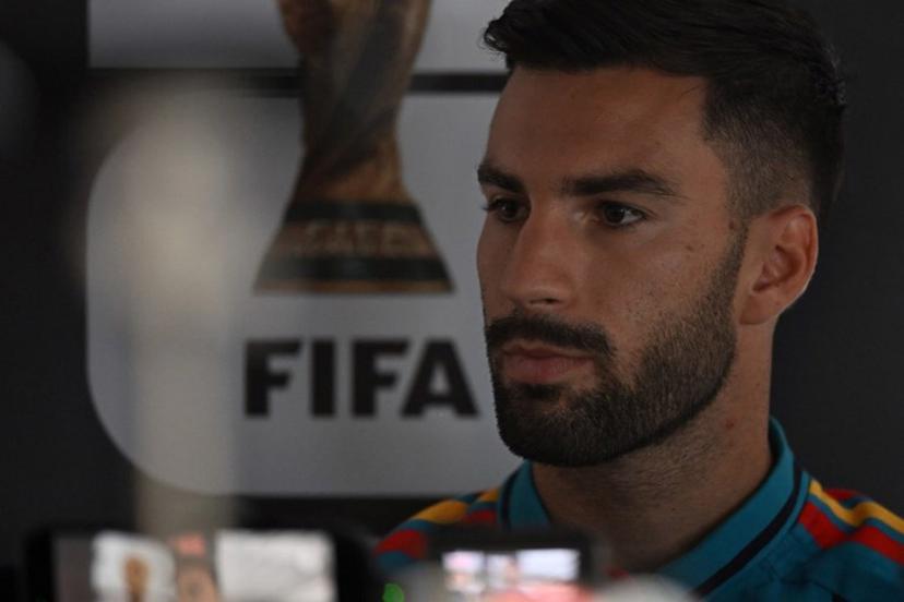 Spain's midfielder #15 Alex Baena gives an MD-1 press conference at the Dallas Stadium in Arlington on July 13, 2026, on the eve of the 2026 World Cup football tournament semi-final match between France and Spain. Paul ELLIS / AFP