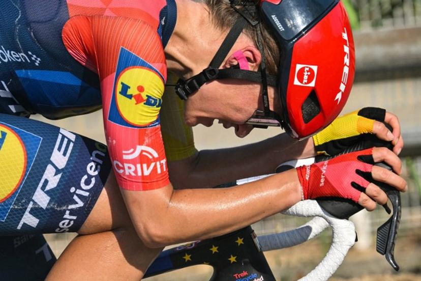 Lidl-Trek's Dutch rider Loes Adegeest rides in a breakaway during the 8th (out of 9) stage of the fifth edition of the Women's Tour de France cycling race, 171.9 km from Sisteron to Nice, in Nice, southeastern France on August 8, 2026. NICOLAS TUCAT / AFP