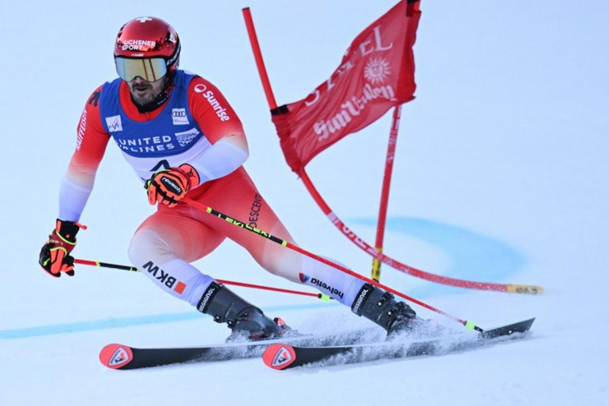 Switzerland's Loic Meillard races during the first run of the men's Giant Slalom event during the 2025 FIS Alpine World Cup Finals at Sun Valley Resort in Sun Valley in Sun Valley, Idaho, on March 26, 2025. Patrick T. Fallon / AFP