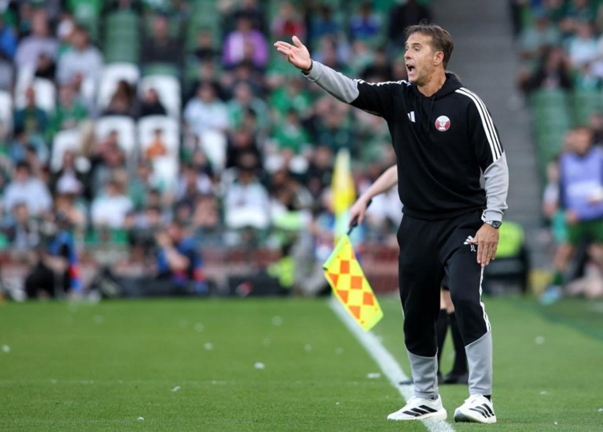 Qatar's Spanish Manager Julen Lopetegui reacts during the international friendly football match between the Republic of Ireland and Qatar, at the Aviva Stadium in Dublin, Ireland on May 28, 2026. Paul Faith / AFP