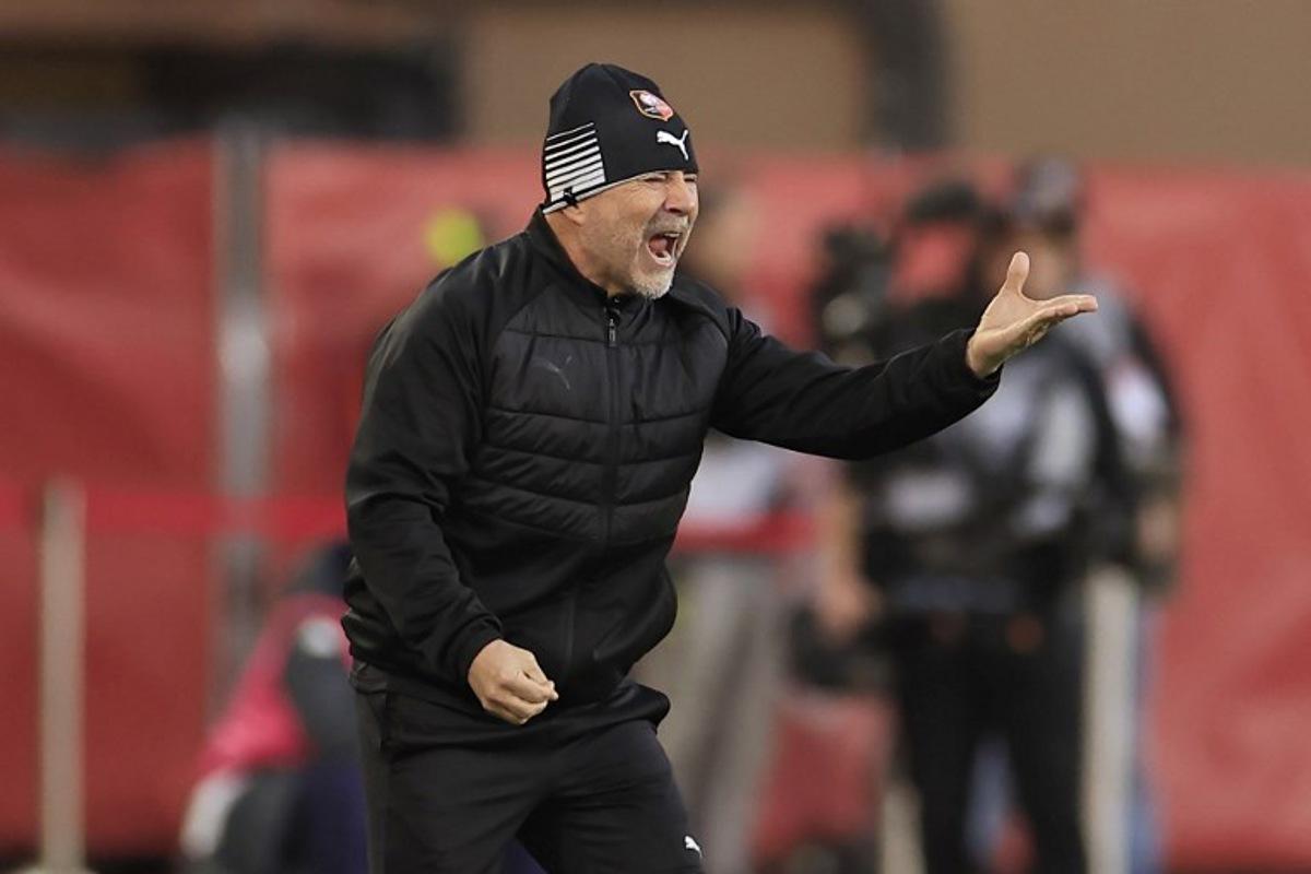 Rennes' Argentine head coach Jorge Sampaoli reacts in the technical area during the French L1 football match between AS Monaco and Stade Rennais FC (Rennes) at the Louis II Stadium (Stade Louis II) in the Principality of Monaco on January 25, 2025. Valery HACHE / AFP