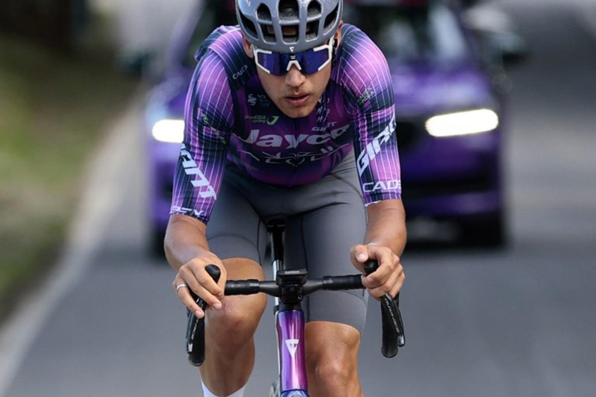 Team Jayco AlUla's Australian rider Luke Plapp rides ahead during the 8th stage of the 108th Giro d'Italia cycling race of 197kms from Giulianova to Castelraimondo on May 17, 2025. Luca Bettini / AFP