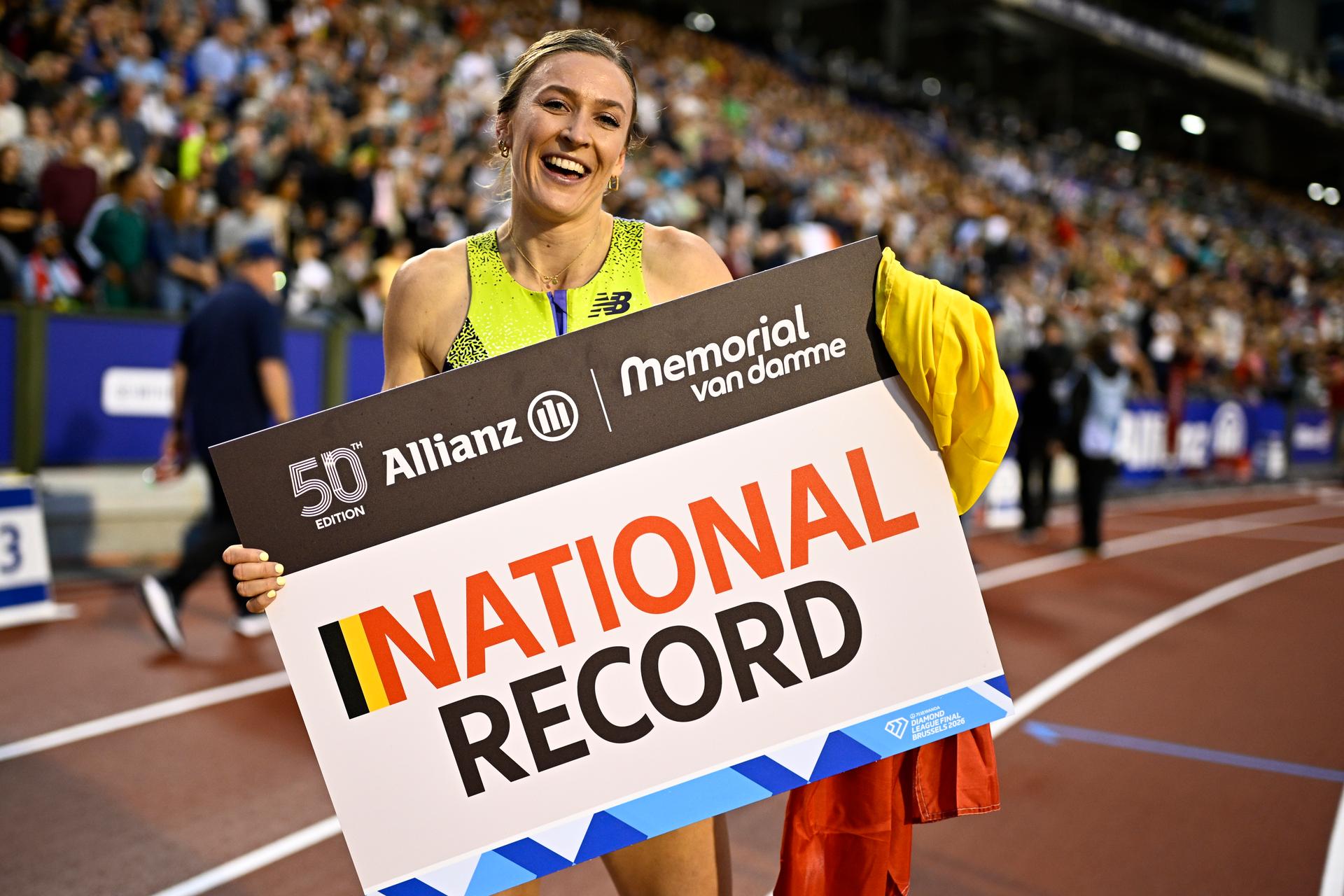 Belgian Paulien Couckuyt celebrates a Belgian record at the women's 400m hurdles, at the 50th edition of the Memorial Van Damme Diamond League athletics event in Brussels, Friday 4 September 2026. BELGA PHOTO JASPER JACOBS